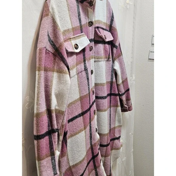 Womens XL Pink Black Jacket Plaid Oversized Thick Flannel Farm Barn Coat Tunic - Picture 2 of 16